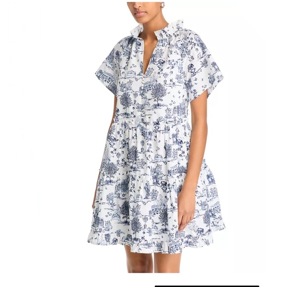 AQUA Toile Print Short Sleeve Mini Dress – White/Blue – XS – NWT $98 - Picture 3 of 5